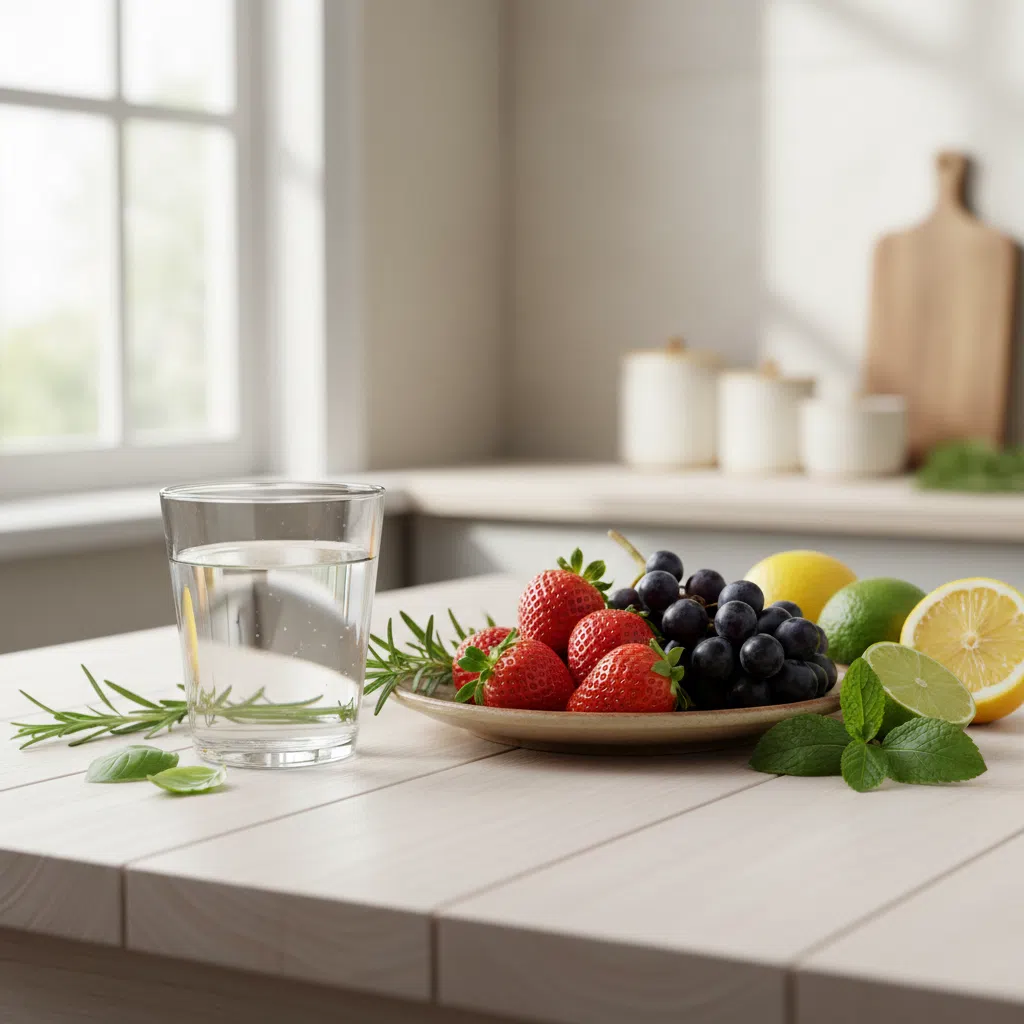 Top-down arrangement of fresh botanical ingredients including green coffee berries, ginger root, moringa leaves, cinnamon, and guarana seeds on dark slate