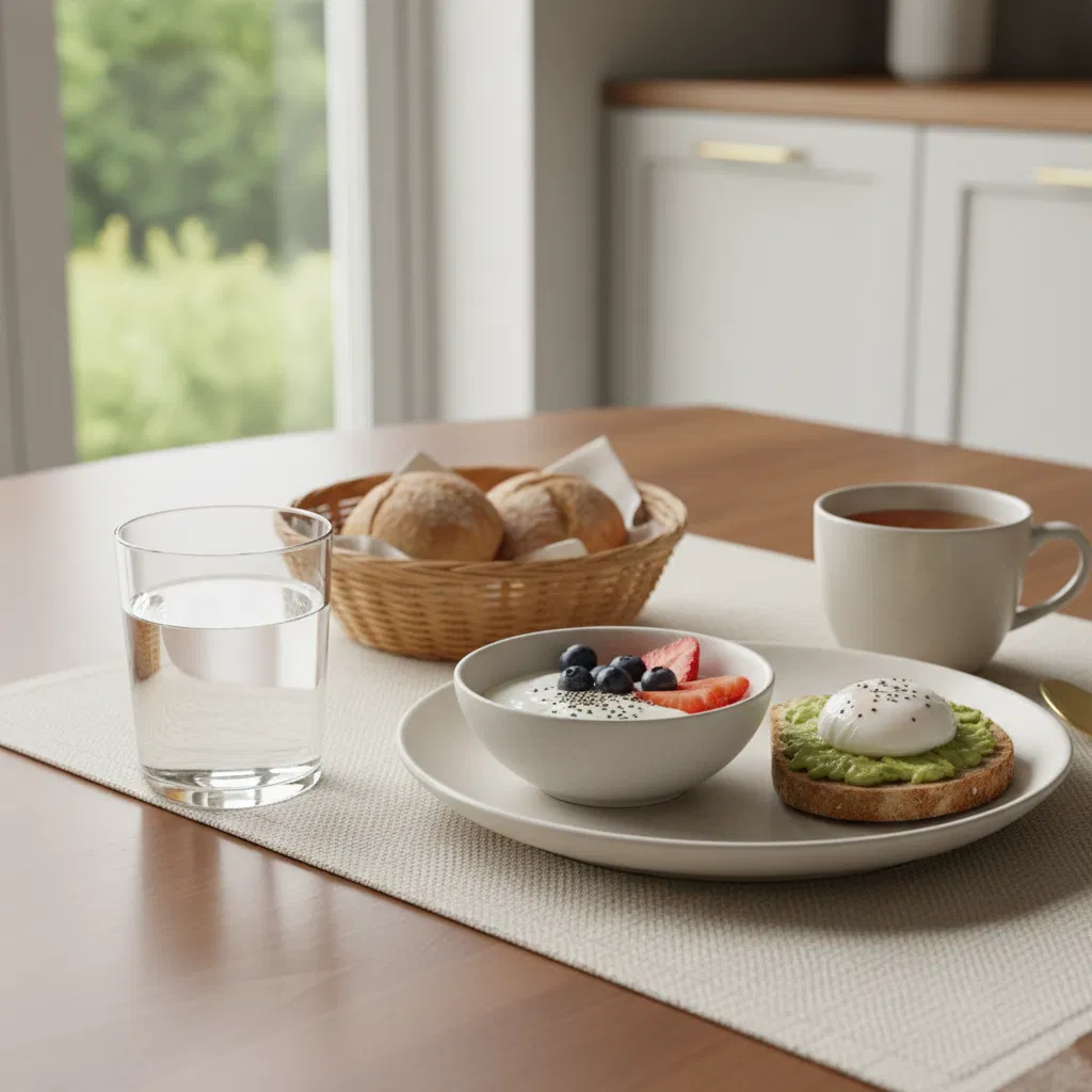 Person from behind enjoying a morning coffee beside a supplement box on a kitchen table